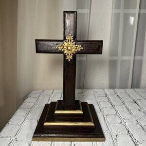 Vintage 13" Wooden Crucifix On Pedestal Stand With Gold Tone Emblem